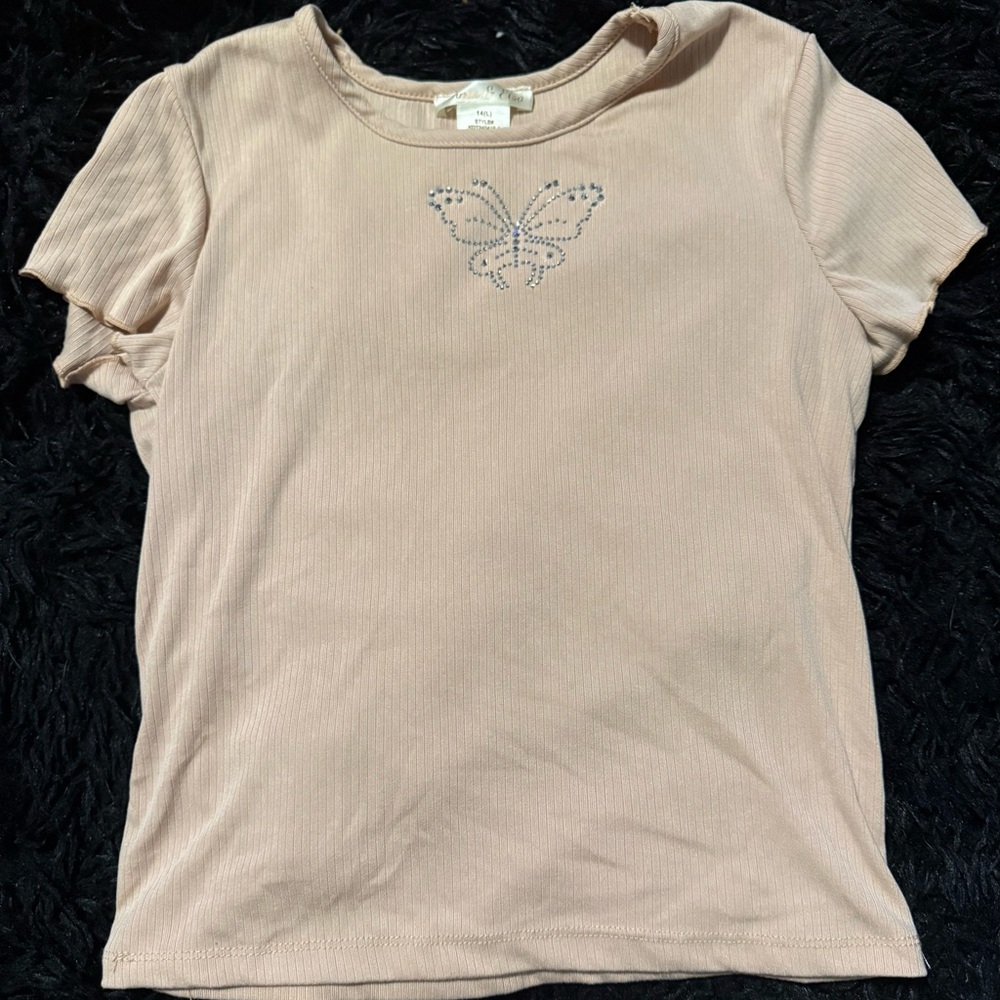 Emma & Elsa Chic Butterfly Embellished Short Sleeve Tee - Tan